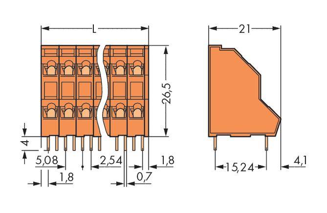 Drawing of an orange connector with technical dimensions: length, height, width, pin spacing, and pin length are indicated.