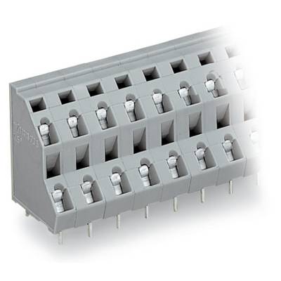Grey, angled printed circuit board terminal block with eleven connection points and screw terminals. Ideal for electrical installations.