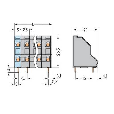 'Technical drawing of a connector: Dimensions in millimetres. Width, height and depth with precise spacings between components.'