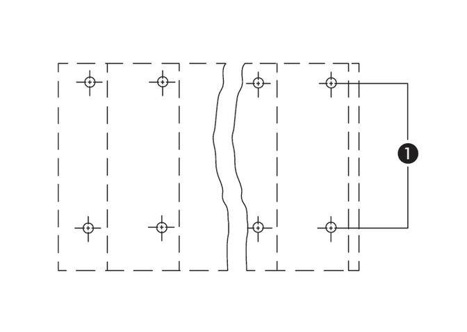 Technical drawing shows two rectangular objects placed side by side with mounting points. Number '1' marks the relevant line.
