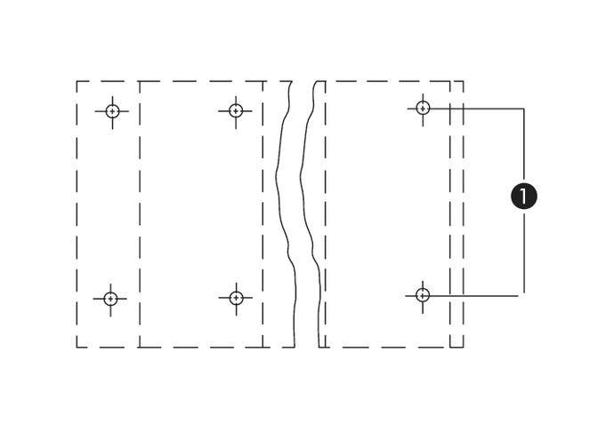 Two parallel rectangles with dashed lines, connected by straight lines and circular markings; designated as part '1'.