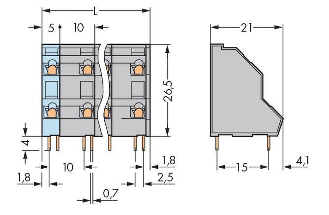 'Technical drawing of an electrical terminal in front and side view with dimensions in millimetres, circuit diagram representation.'