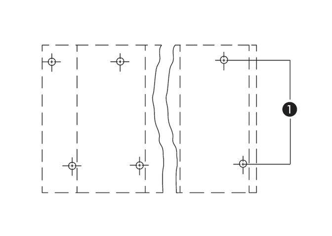 Diagram of two rectangular plates with screw positions at the corners. Bracket number '1' illustrates the connection.