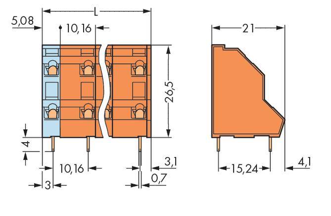Technical drawing of a connector with dimensional specifications in millimetres. Shows front and side view of the component.
