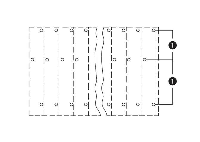 Technical drawing of a striped pattern with continuous lines and round markings. Arrows point to specific points.