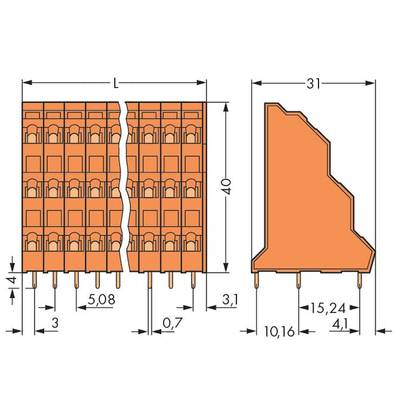 Technical drawing of an orange component. Dimensions: Length 31 mm, Height 40 mm, Depth 41 mm. Representation of connections and profile.