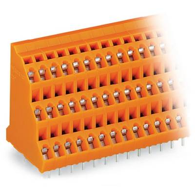Orange three-level connector with rows of metal contacts. Suitable for electronic and control panel applications.