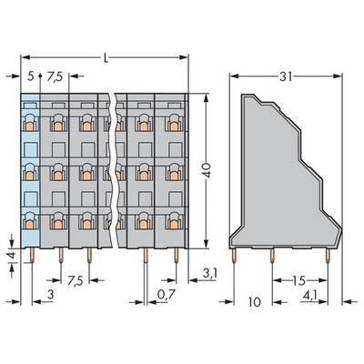 Technical drawing of a connector with dimensions in millimetres. Shows front and side view with pin arrangement and spacing.