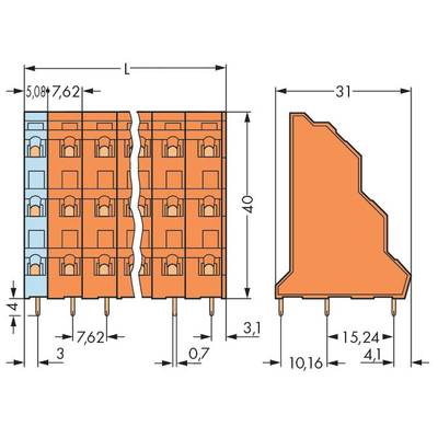 Diagram of a connector with dimensions in millimetres: depth 31, height 40, width 15.24, grid spacing options 5.08/7.62.
