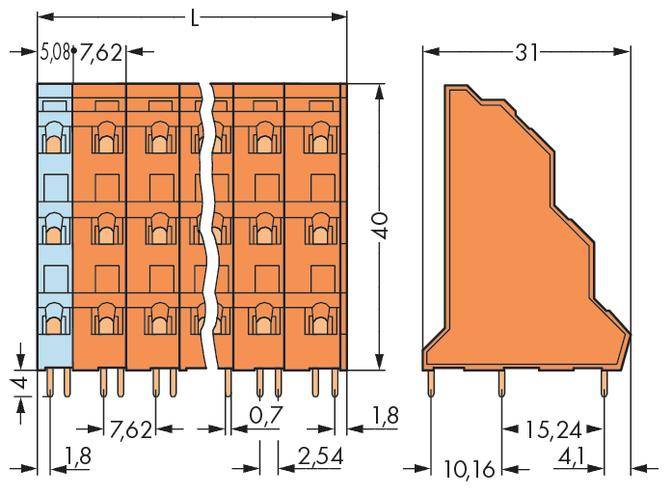 Drawing of an electrical connector with dimensions in millimetres. Shows front and side view; key measurements marked.
