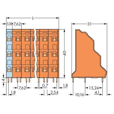 Drawing of an electrical connector with dimensions in millimetres. Shows front and side view; key measurements marked.