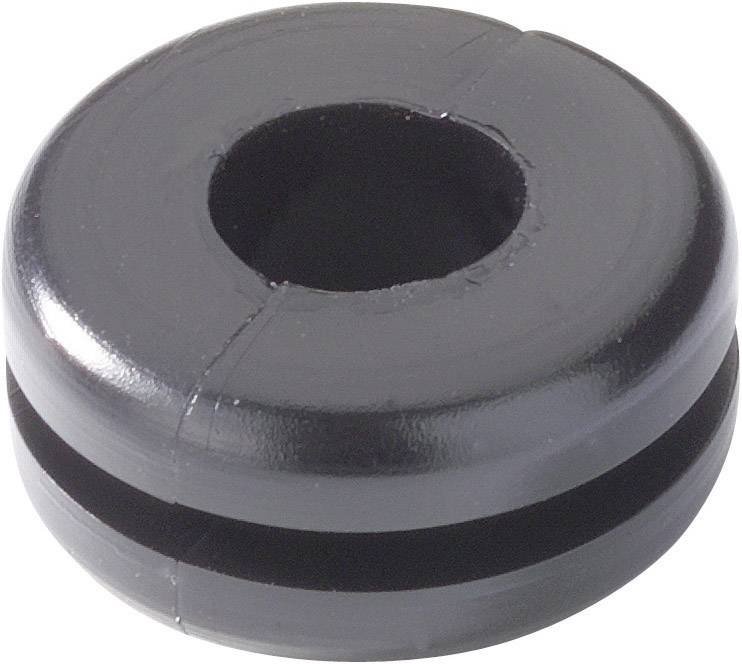 Black rubber cable grommet, round with a central hole, side view shows slots for cable routing and mounting.