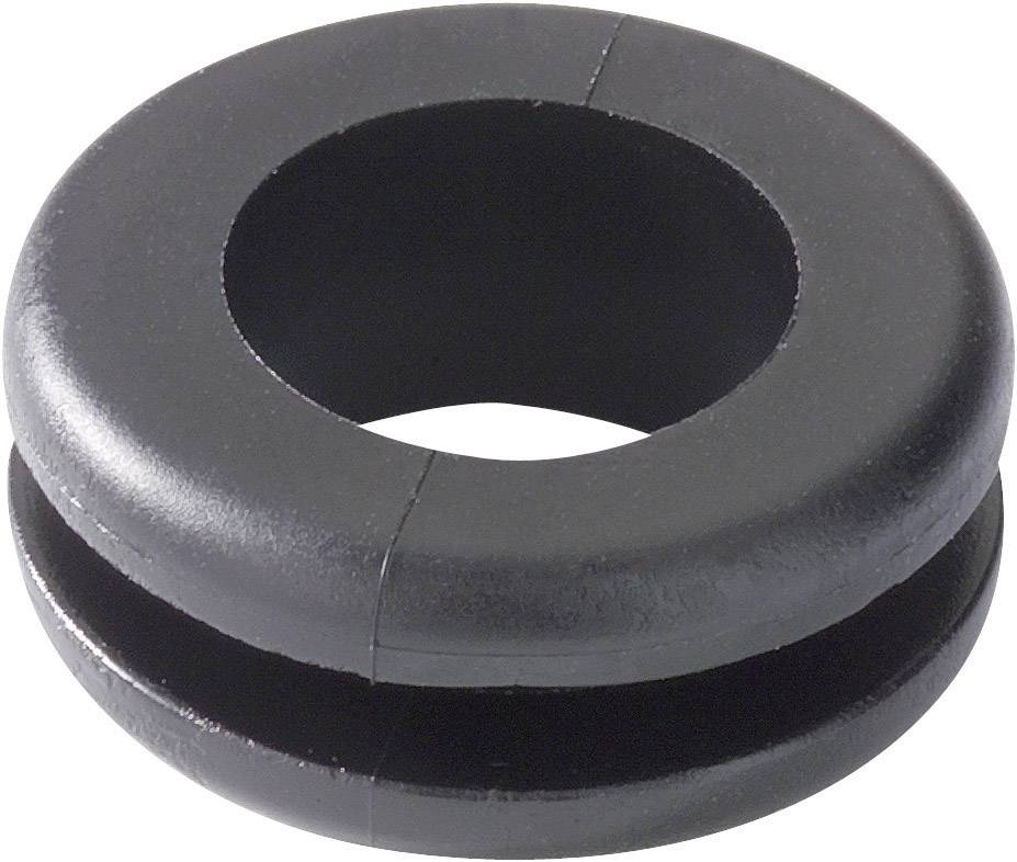 Black rubber ring with a central hole and lateral groove, commonly used as a cable grommet or for vibration damping.