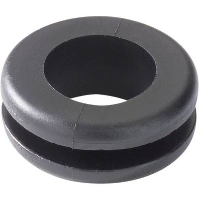 Black rubber ring with a central hole and lateral groove, commonly used as a cable grommet or for vibration damping.