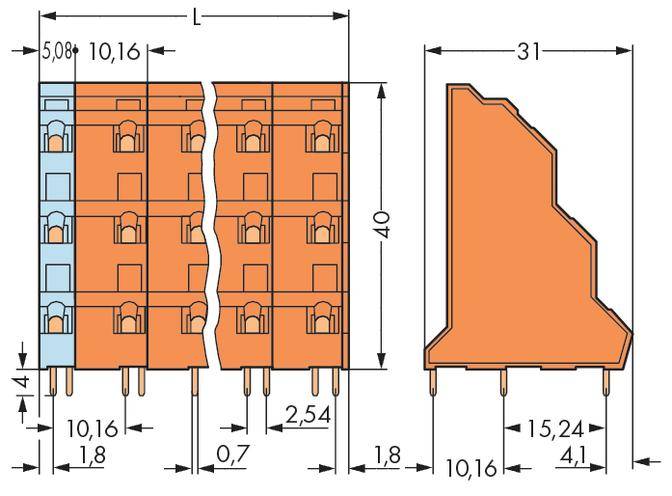 Schematic representation of an electrical connector with dimensions in millimetres; shows design and pin configuration.