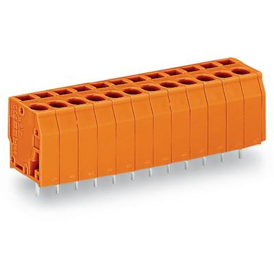 Orange connector with 12 sockets and soldering pins for mounting on a printed circuit board. Suitable for electronic connections.