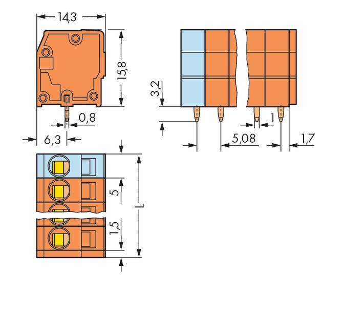 Diagram of electrical components with dimensional specifications. Dimensions of components at the top; side and front views with markings in mm.