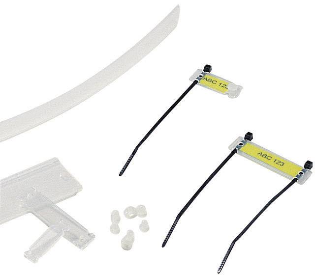 Cable management accessory set with cable ties, mounting brackets and labelling tags, marked with 'ABC 123'.