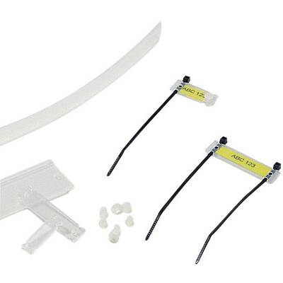 Cable management accessory set with cable ties, mounting brackets and labelling tags, marked with 'ABC 123'.
