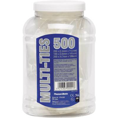 Large plastic container with 500 cable ties from 'MULTI-TIES'. Contains three sizes: 200 x 112mm, 100 x 141mm, 200 x 186mm.