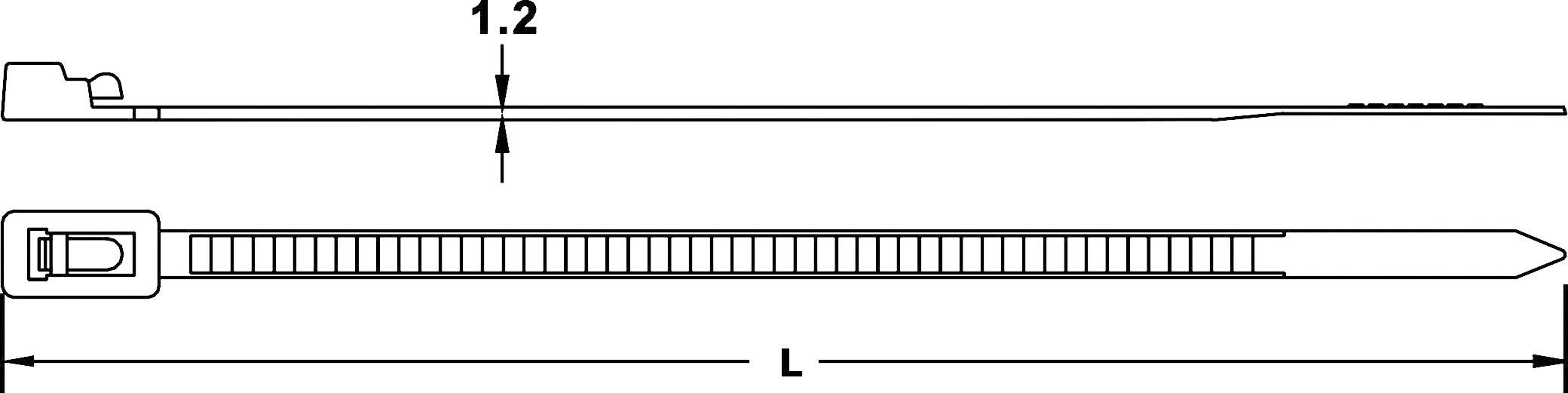Illustration of two cable ties from different perspectives. The upper one shows the side view, the lower one the front view with length specification.