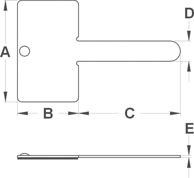 'Drawing of a handle with dimensions. Height A, length B, C and thickness D, E are marked.'