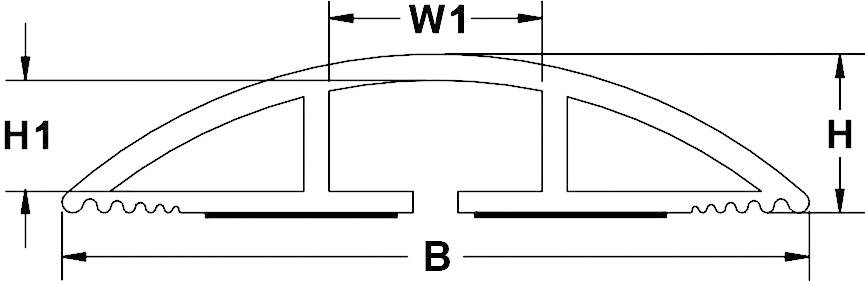 Technical drawing of a curved profile with dimensions W1, B, H and H1, indicating various parts of the structure.