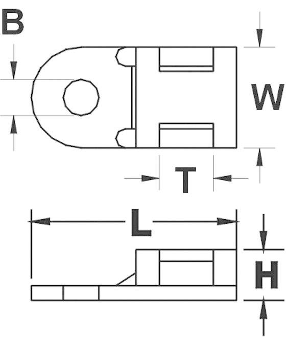 Technical drawing of a component with top view and side view. Labels: Width (W), Length (L), Height (H), Diameter (D), Depth (T).