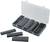 Black heat shrink tubing set in an opened transparent plastic case. Contains various sizes for electrical applications.