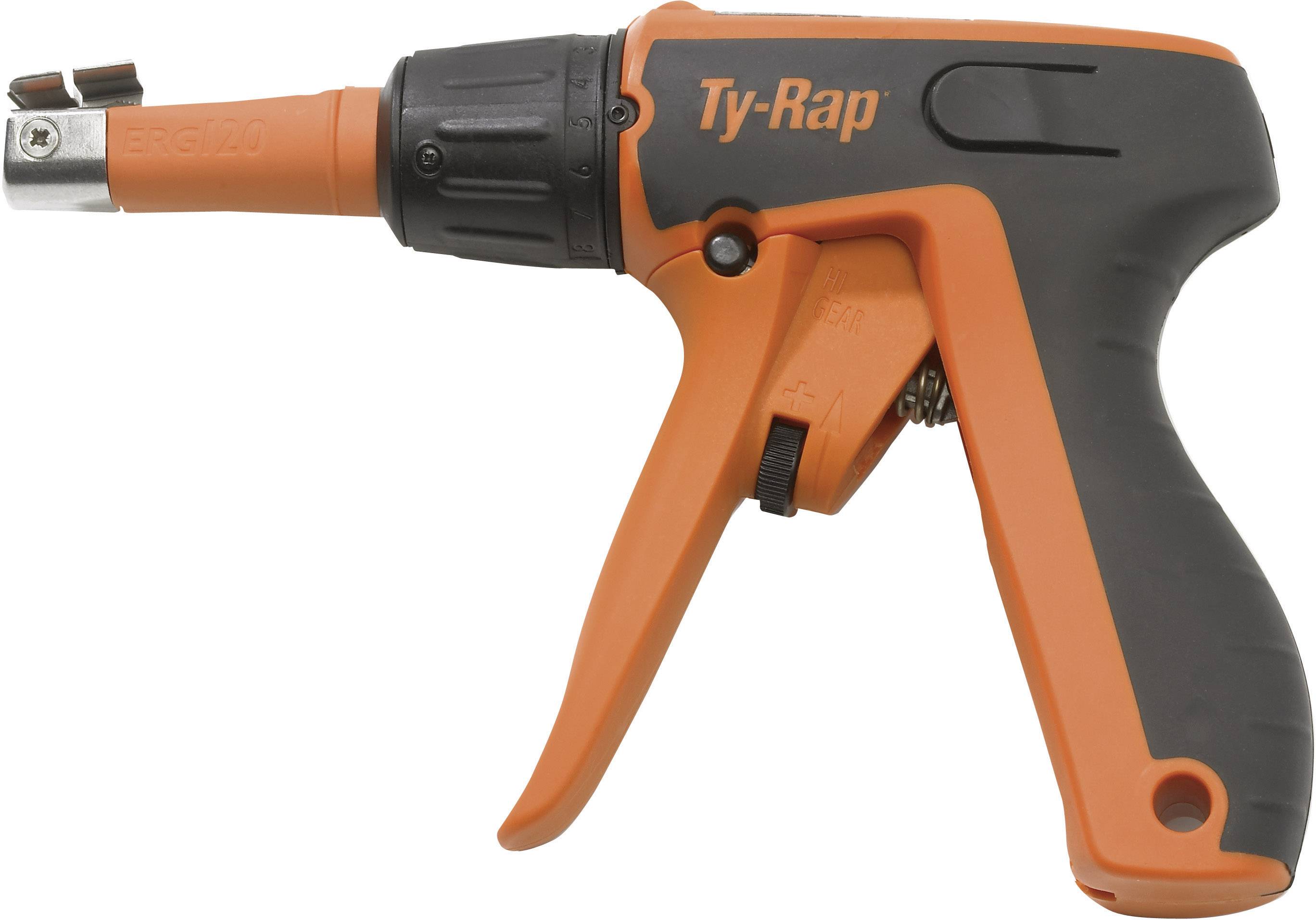 An orange hand tool for tensioning and cutting cable ties, with a black handle and the inscription 'Ty-Rap'.