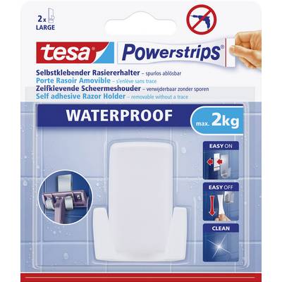 Packaging for a self-adhesive, waterproof razor holder system by Tesa for up to 2 kg. 'EASY ON', 'EASY OFF', 'CLEAN'.
