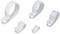 Five white cable clips in various sizes arranged against a white background.