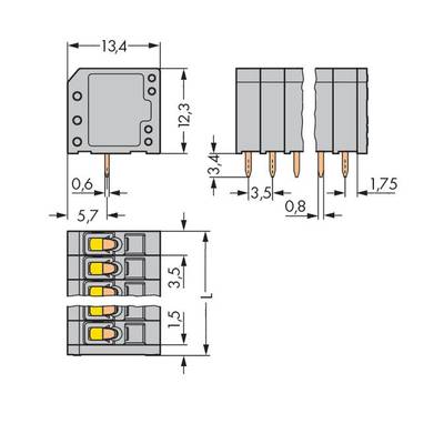 Technical drawing of an electronic component with dimensions in millimetres: 13.4 x 12.3 x 13.4. Shows front and side view.