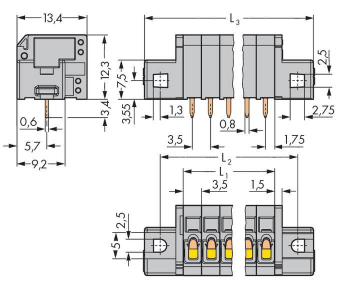 Technical drawing of an electrical connector. Dimensional specifications in millimetres show the width, height, and depth of individual components.