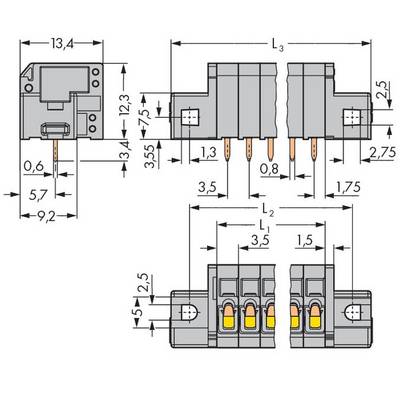 Technical drawing of an electrical connector. Dimensional specifications in millimetres show the width, height, and depth of individual components.
