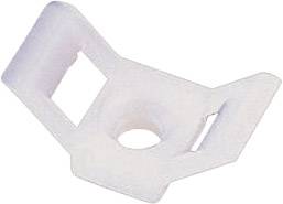 A white, rectangular plastic component with a central round opening and two lateral arms. Suitable for mounting on smooth surfaces.