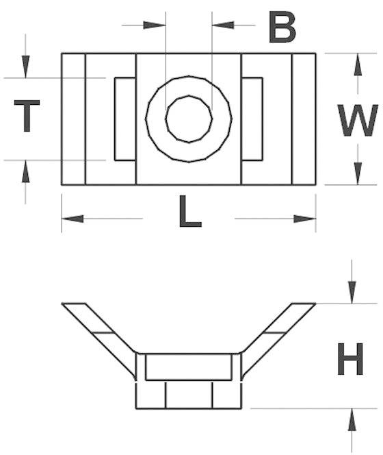 Technical Drawing: Top view shows dimensions T, L, W, B around a central hole. Side view shows height dimension H with angled lines.