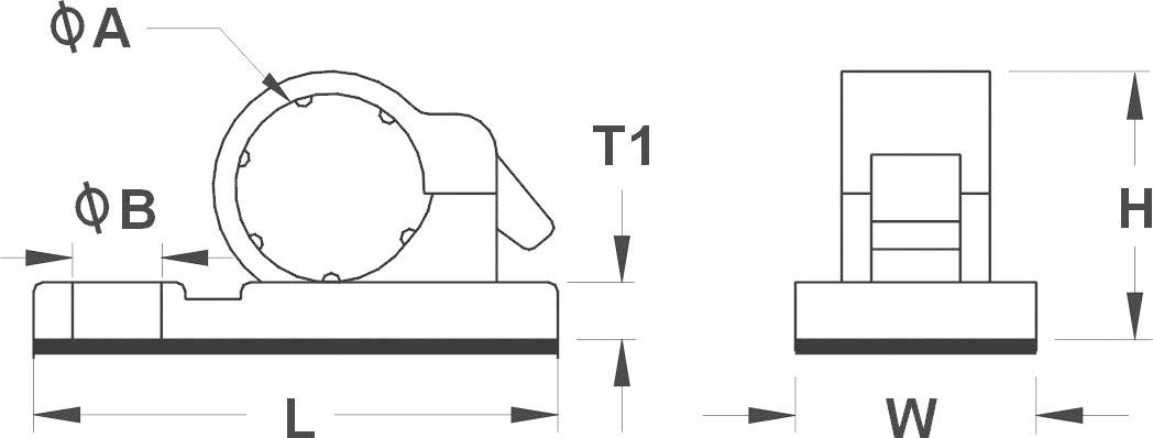 Technical drawing of a machine part with dimensional specifications L, H, W, T1, ØA, ØB. Front and side view.