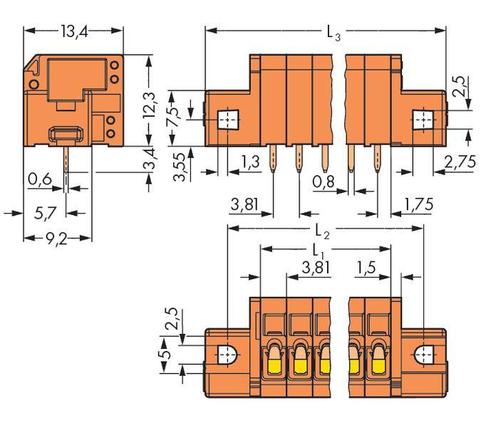 Technical drawing of a connector with dimensional specifications. Shows front, side, and top views with precise measurements in millimetres.