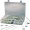 An open box containing various cable ties in different sizes and fastening elements.