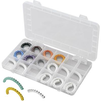 A plastic box with compartments contains colourful, curved objects in various sizes, possibly cable markers, for organisation.