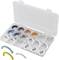 A plastic box with compartments contains colourful, curved objects in various sizes, possibly cable markers, for organisation.