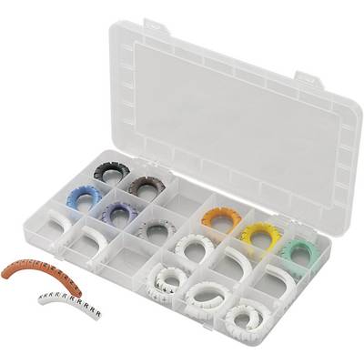 An open plastic box with compartments contains coloured cable identification rings. Some rings are lying outside the box.