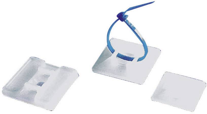 Three transparent cable management adhesive clips: closed on the left, with cable tie in the centre, open on the right. Ideal for cable routing.