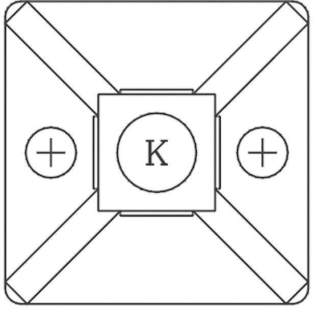 'K' in the middle of a square pattern with two crosses and lines leading from the corners to the centre.