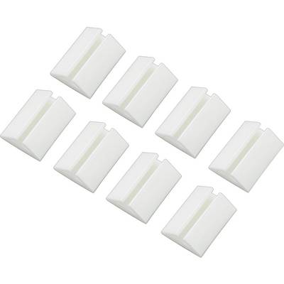 Eight white, flat plastic parts, arranged in two rows. They have a U-shape and appear to be the same size.