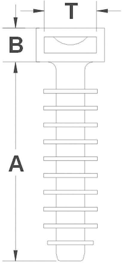 'Technical drawing of a screw with dimensions A, B and T. A and B are vertical, T is horizontal.'