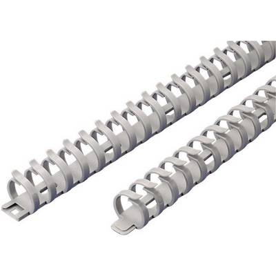 Plastic spiral binding spines in grey, laid side by side, for document binding. Suitable for reports and presentations.