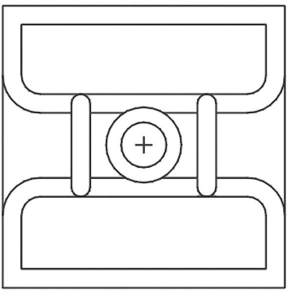 A symmetrical diagram with round and rectangular shapes, a central disc with a plus sign in the middle.