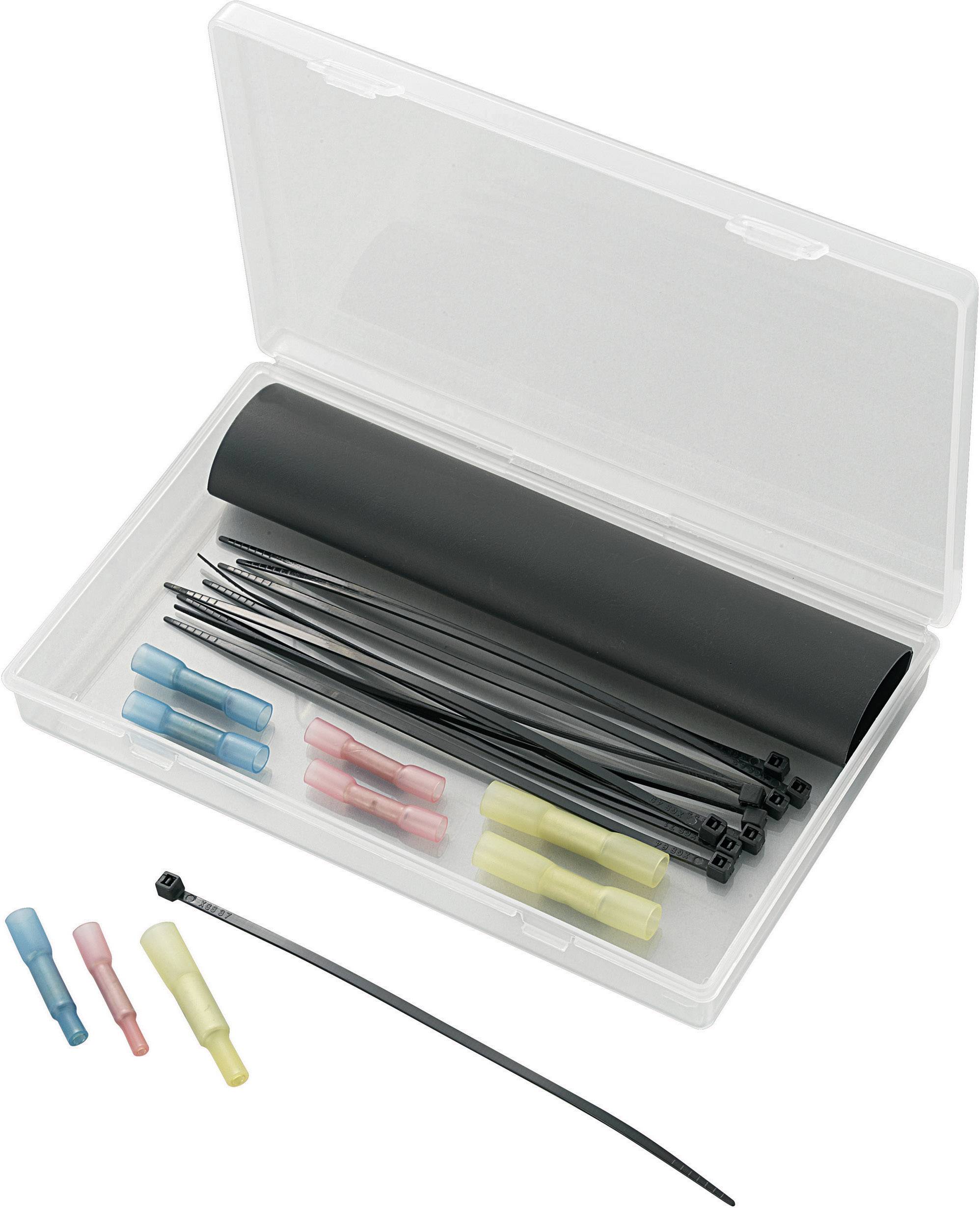 Set of connection elements, including cable ties and connectors, in a transparent plastic box; colour-coded.